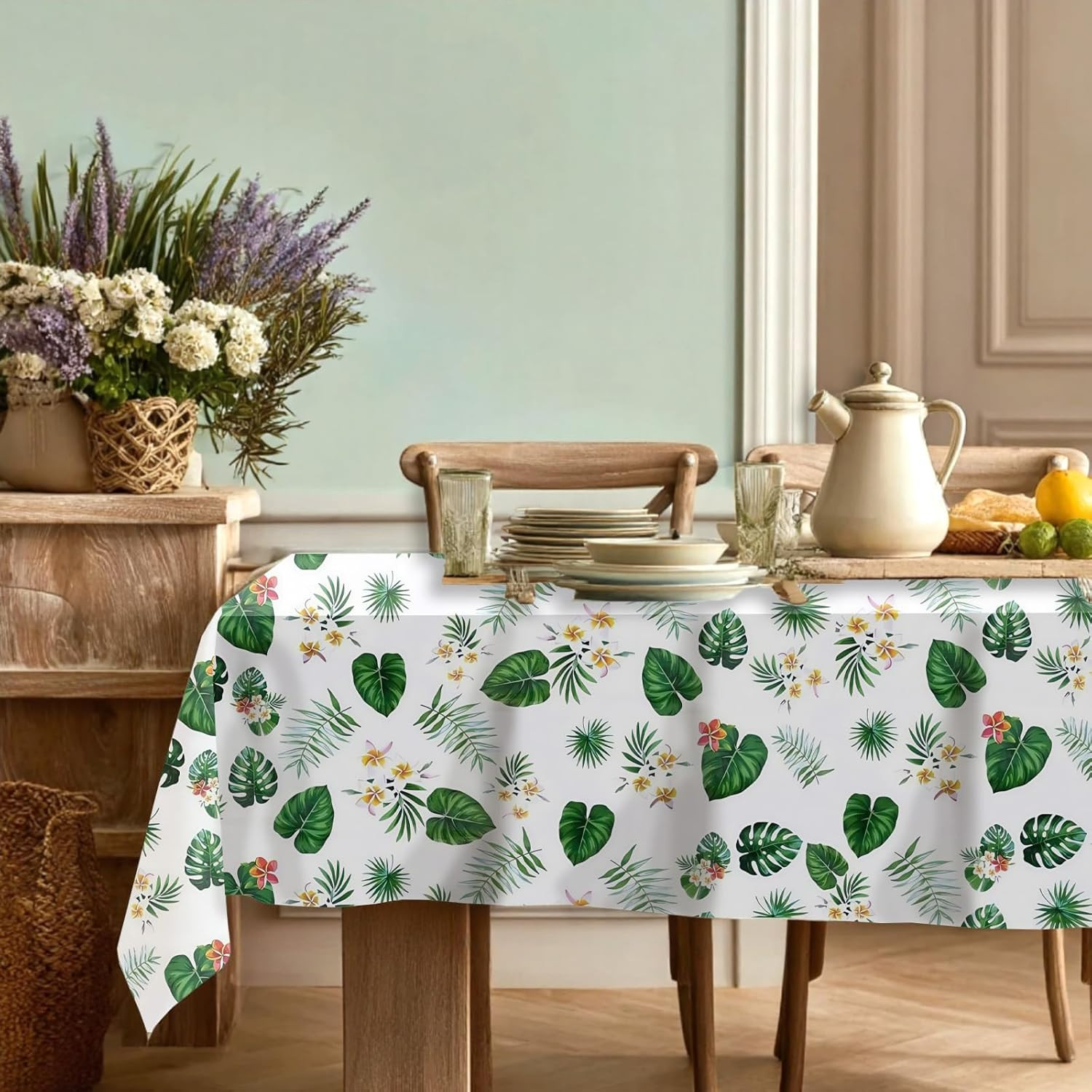 Hawaiian Luau Party Tablecloths(3 Packs), 108X54 Inch Tropical Palm Leaves Table