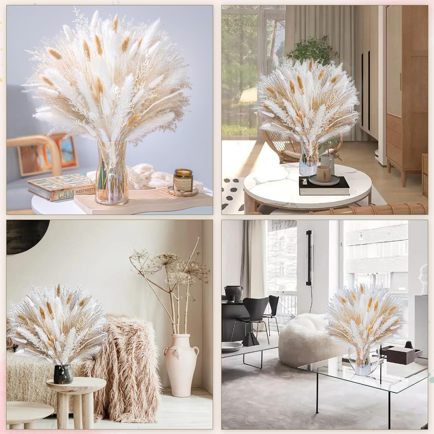 95 Pc Natural Pampas Grass Bouquet Boho Dried Centerpiece White Beige