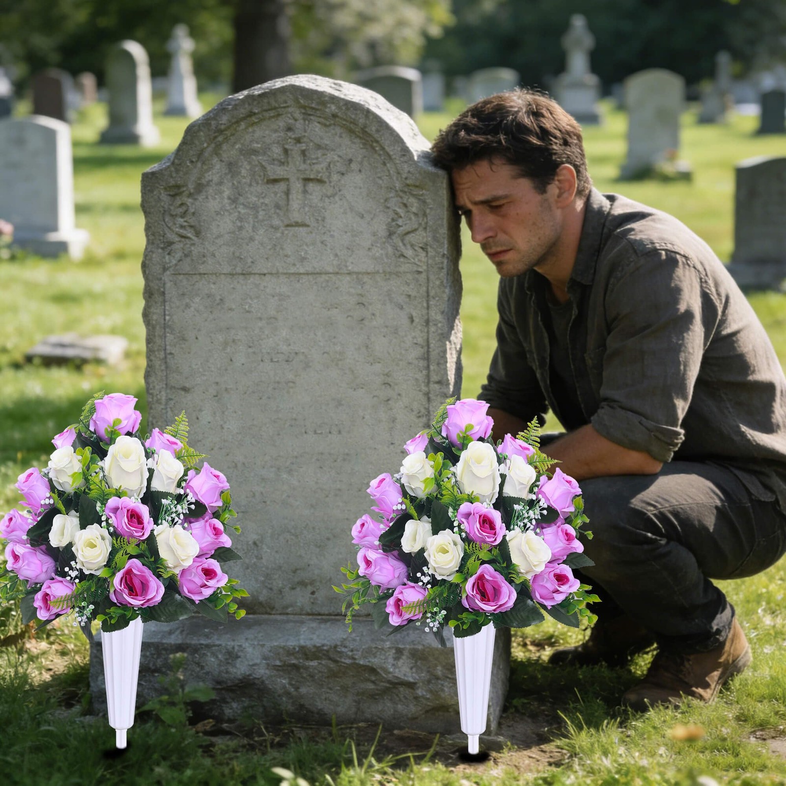 Artificial Cemetery Flowers,Set of 2 Grave Decorations Roses, Tombstone Memor