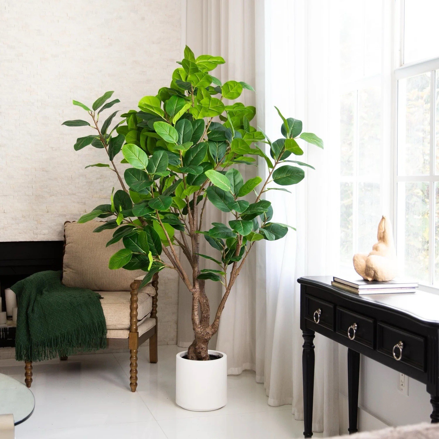 6’ Artificial Grand Audrey Ficus Leaf Tree in White Planter. Retail $435