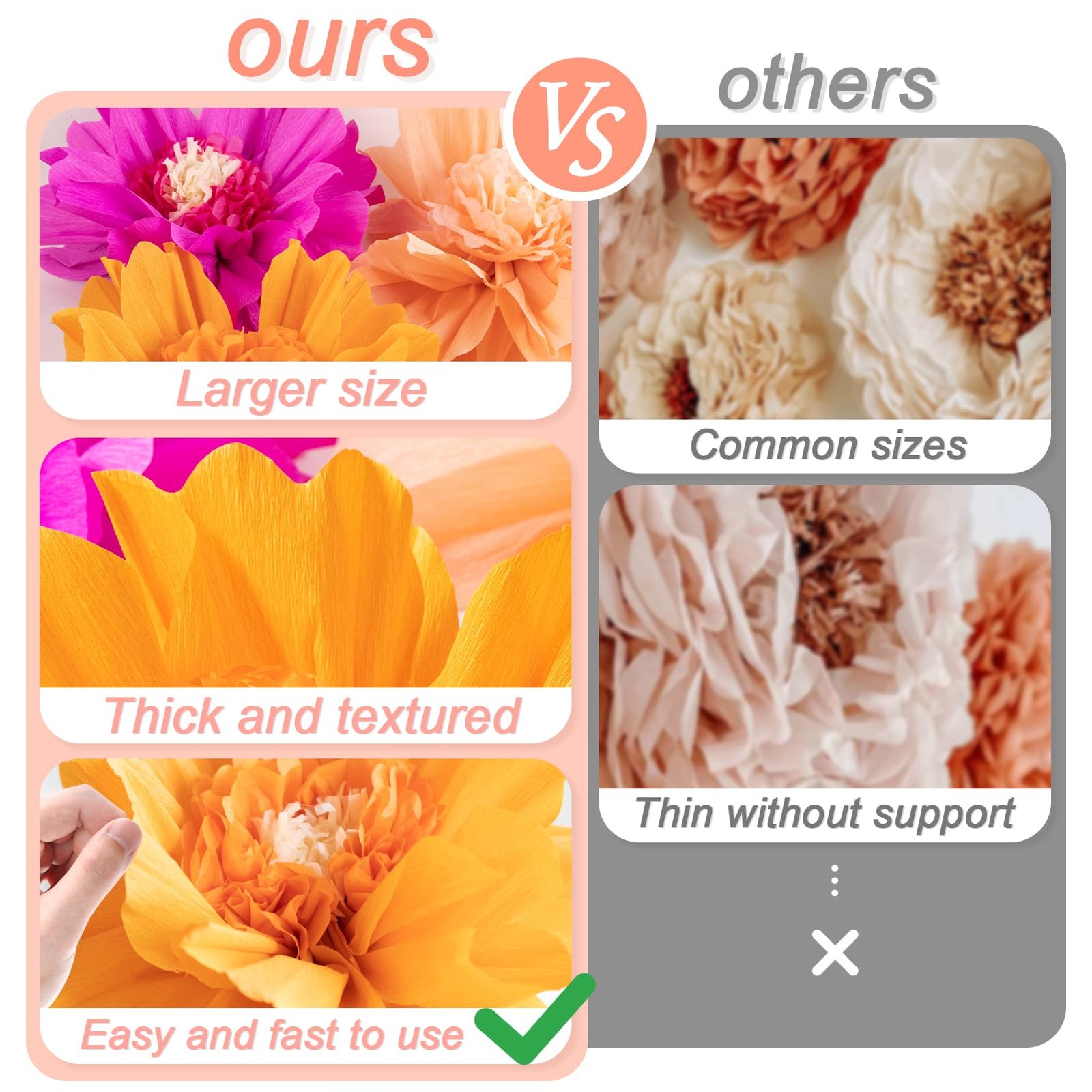 Giant Paper Flowers Crepe Tissue Decorations Wall Decor Pink Orange 20 In 4 PCS