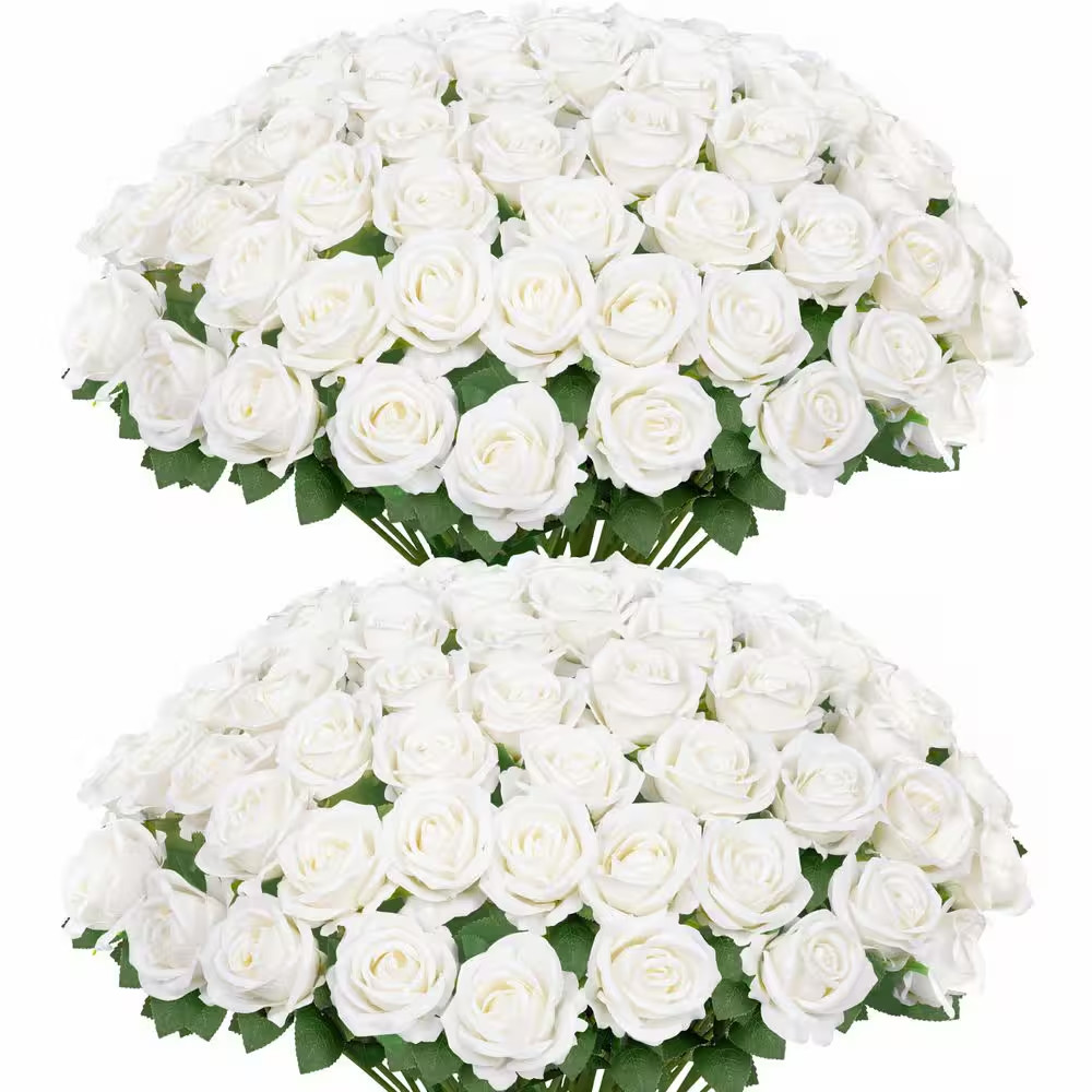 17.7 In. 50-Pieces White Indoor Artificial Roses Silk Flowers for Valentines Wed
