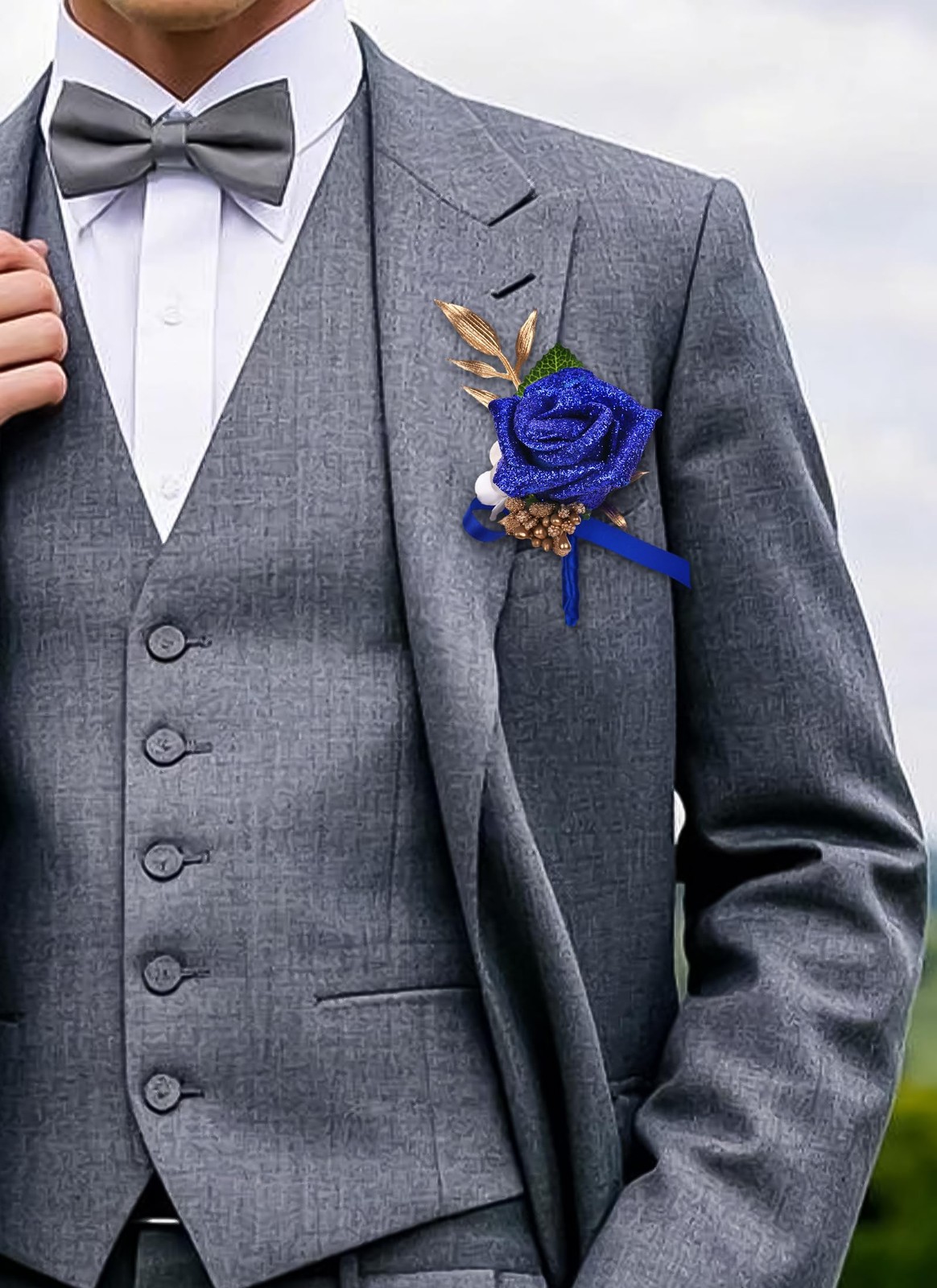 2 PCS Blue Boutonniere Corsage Set Artificial Flowers Wrist Wedding Prom Groom