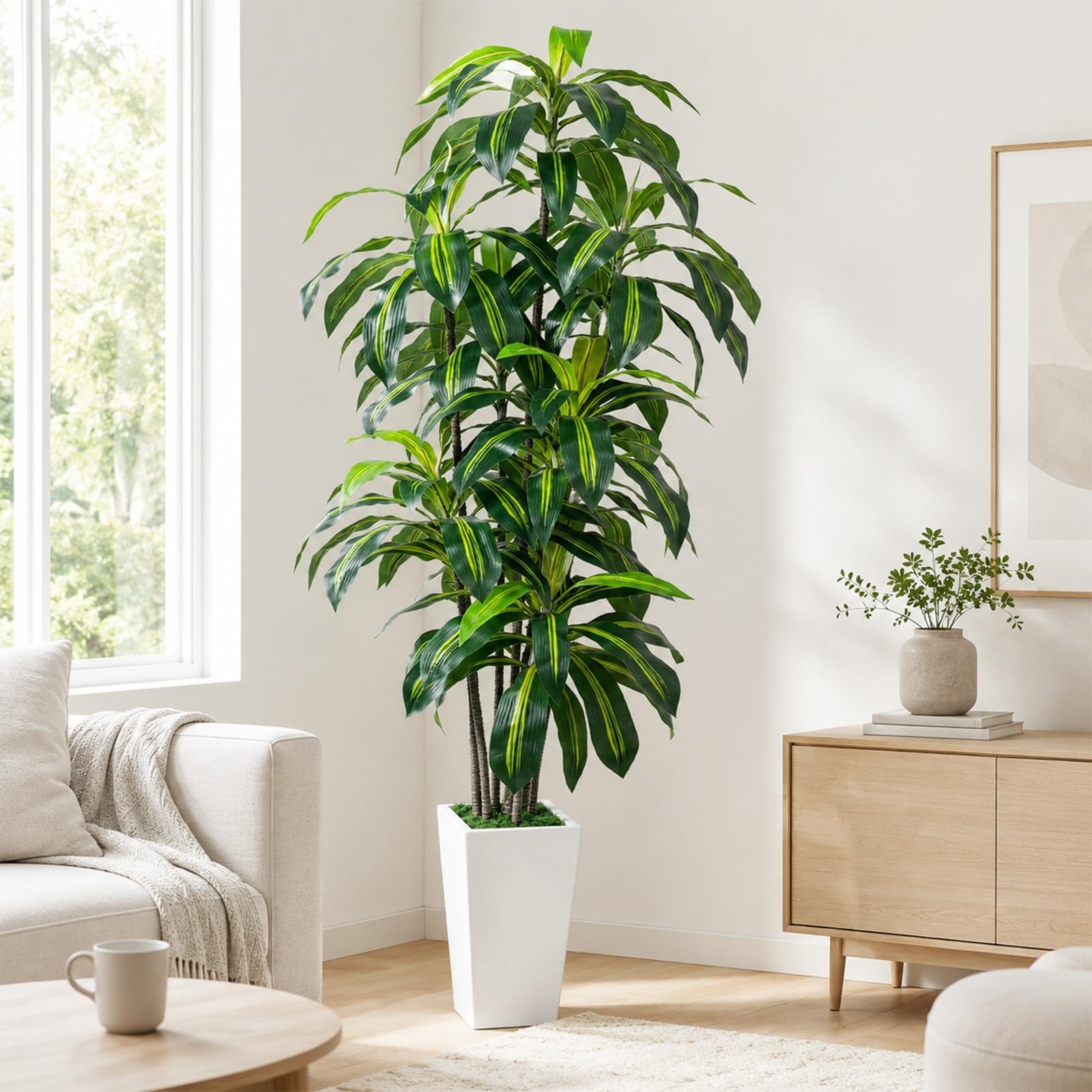 7FT Artificial Dracaena Tree – Tall Fake Plant with White Planter for Home Decor