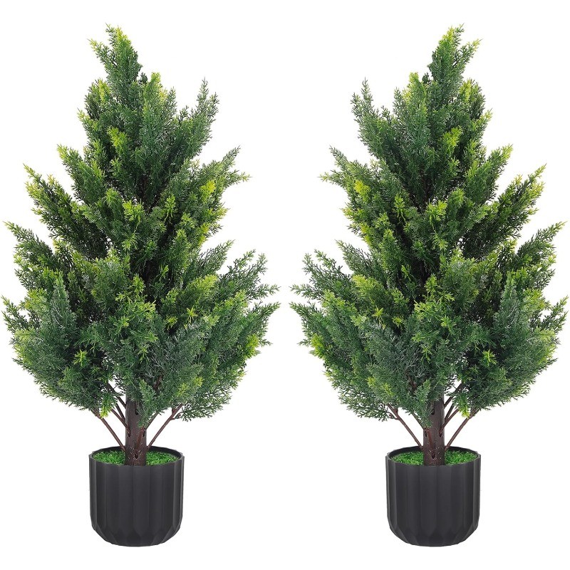 2PCS 2.3/3/4FT Artificial Cedar Topiary Trees, Fake UV Resistant Potted Plants