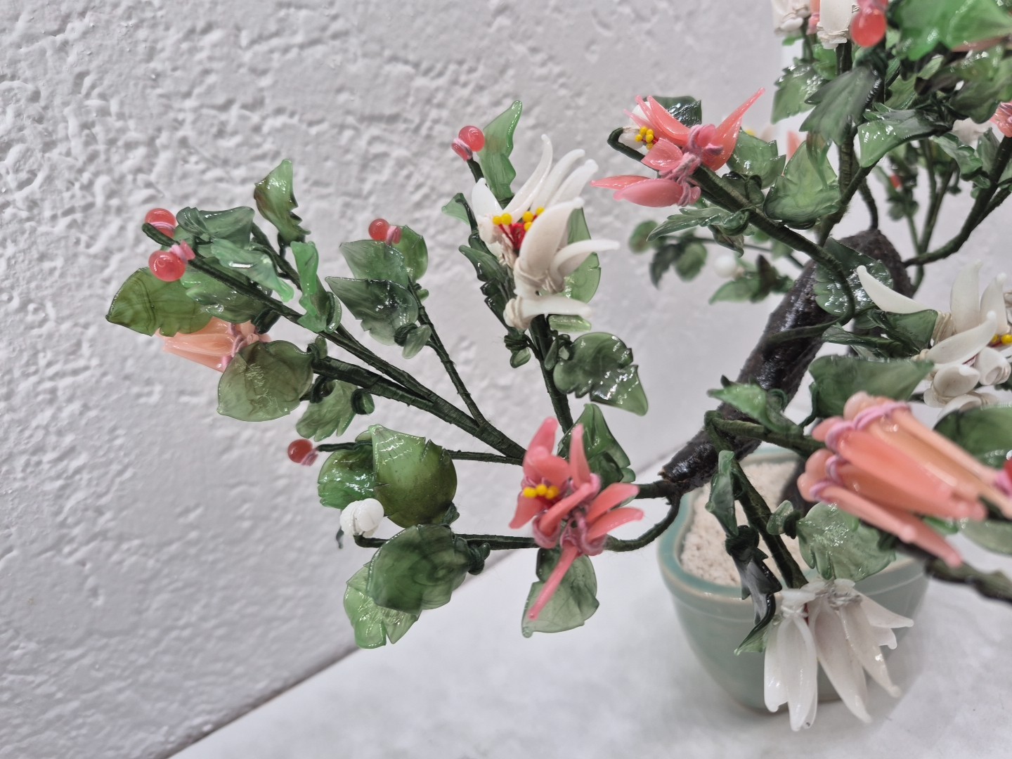 Vintage Chinese Glass Stone Jade Cherry Blossom Bonsai Tree Pink & White Flowers