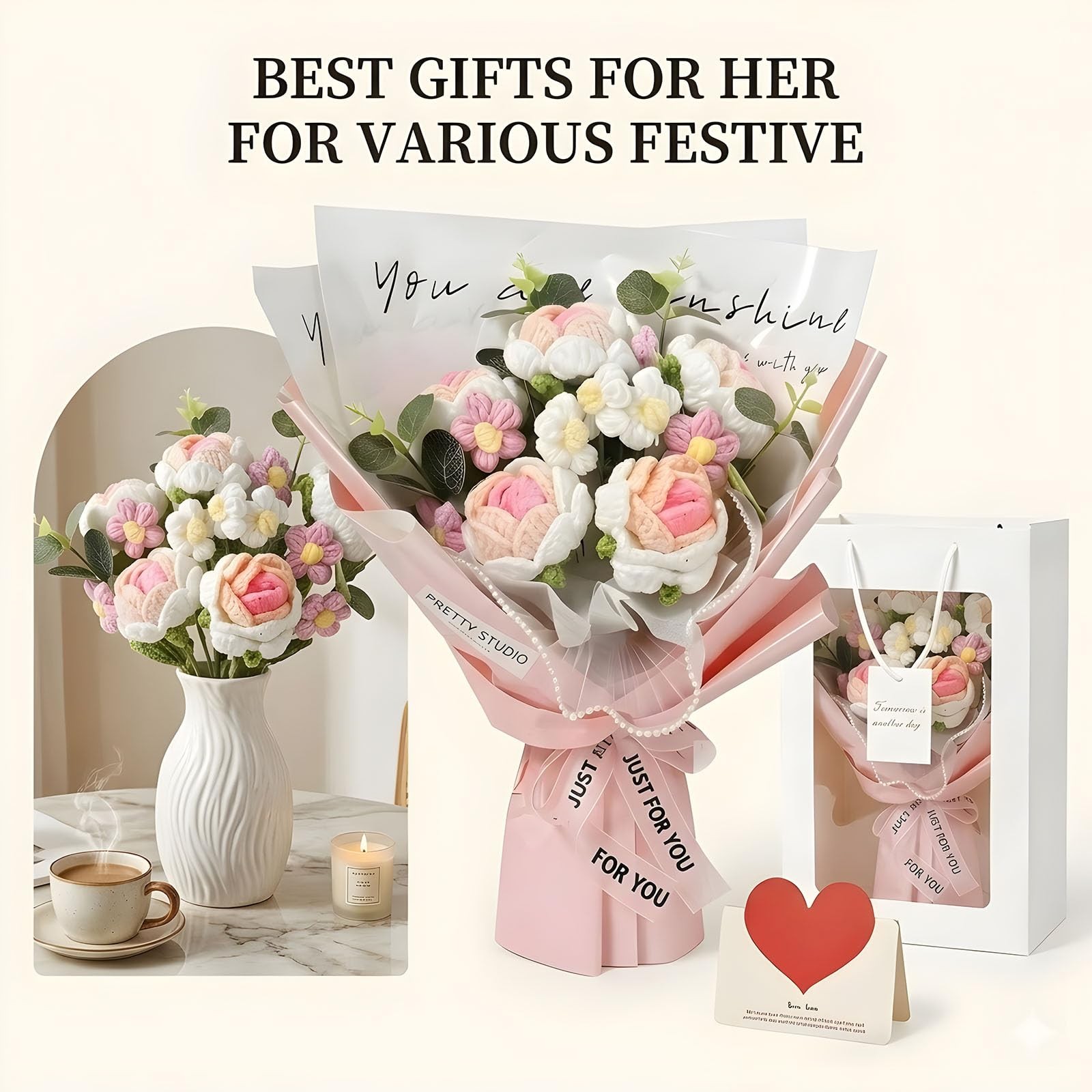 Pink Crochet Tulips Flower Bouquet Gift Lover Birthday Graduation Card Bag