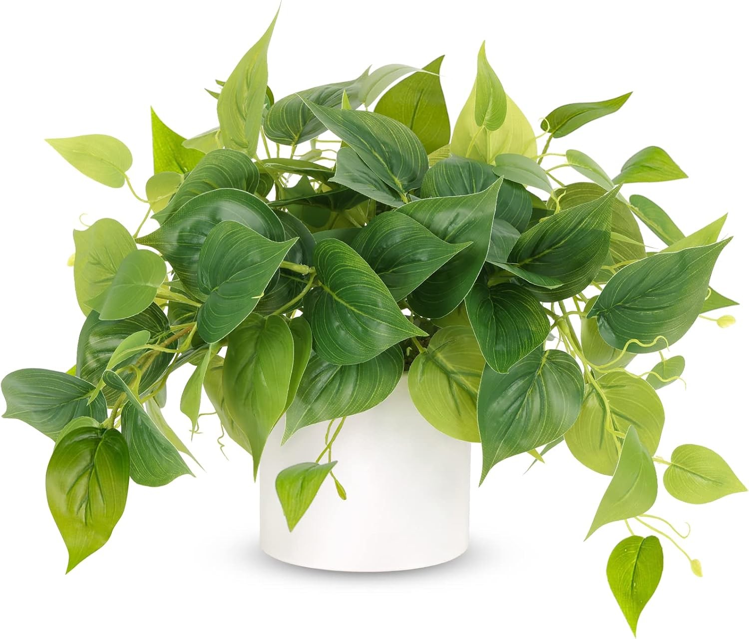 Small Faux Pothos Plant, Indoor Pot with White Ceramic for Shelf Decor