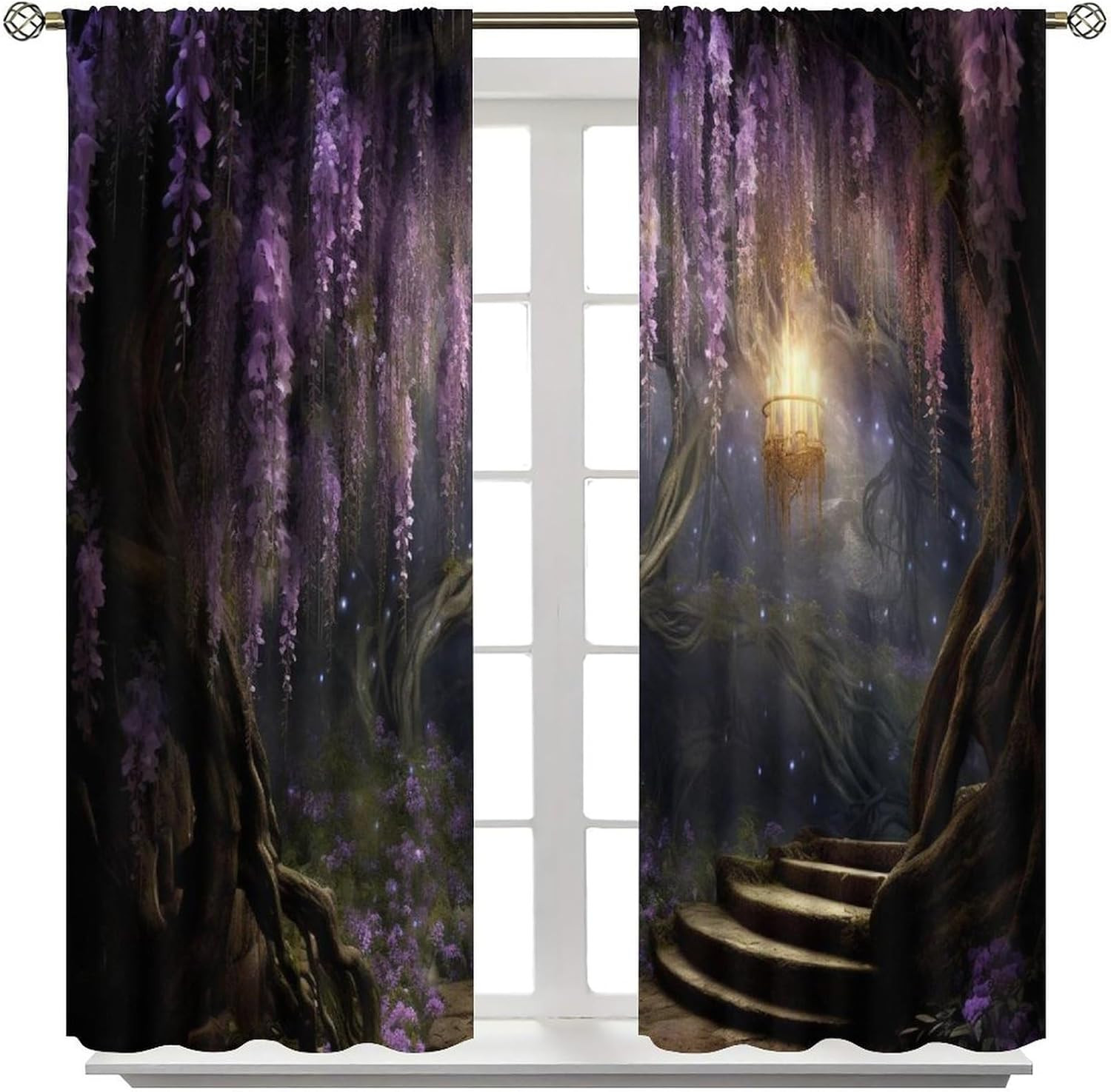 Fantasy Forest Curtains, Enchanted Wonderland Purple Wisteria Flower Lanterns Na
