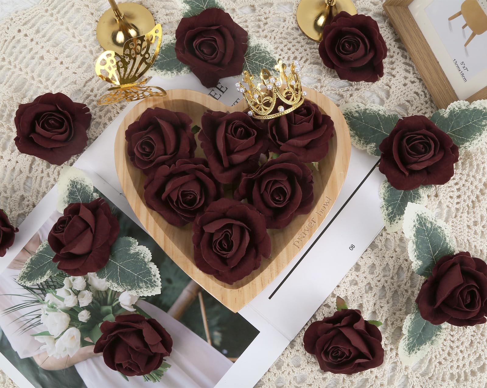 20pcs Burgundy Roses Artificial Velvet Flower Heads Realistic Faux Rose Flowe…