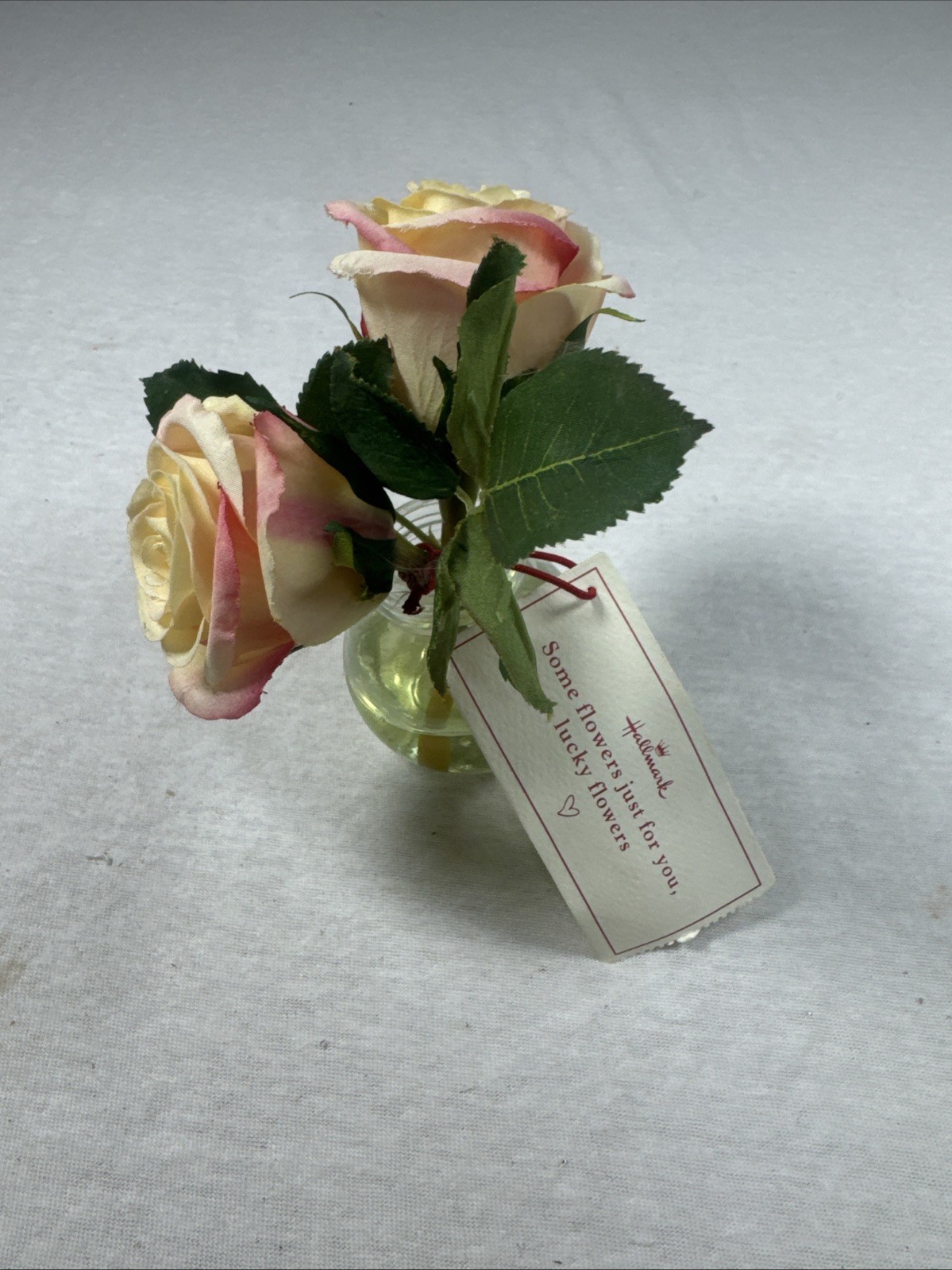 Hallmark Faux Peach Pink Roses Mini Glass Vase Arrangement New With Tag vintage