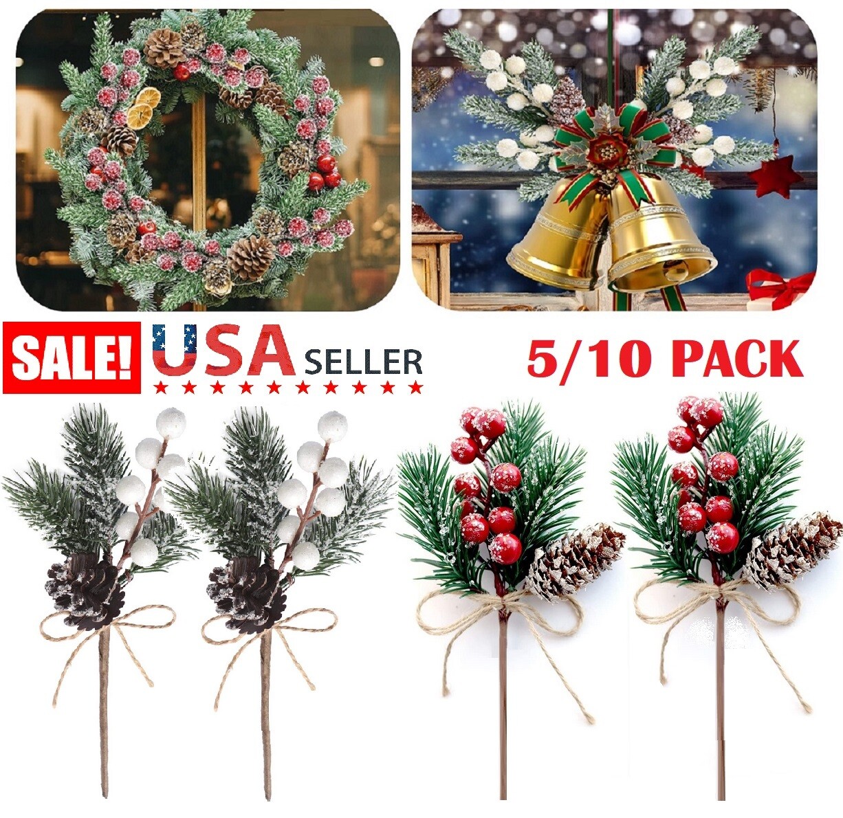 10×Pieces Artificial Pine Picks Christmas Tree Picks with White Berries Pinecone