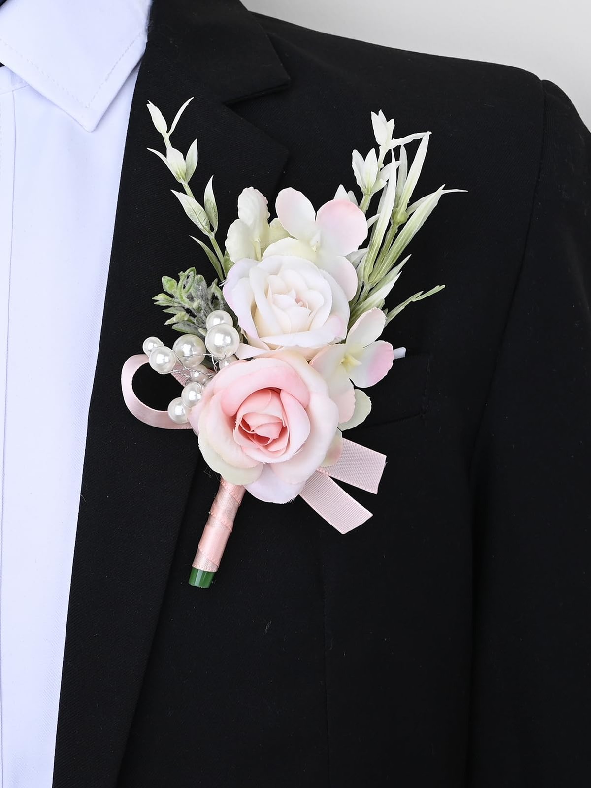 2 PCS Men Pale Pink Boutonniere Corsage Set Artificial Groom Formal Dinner