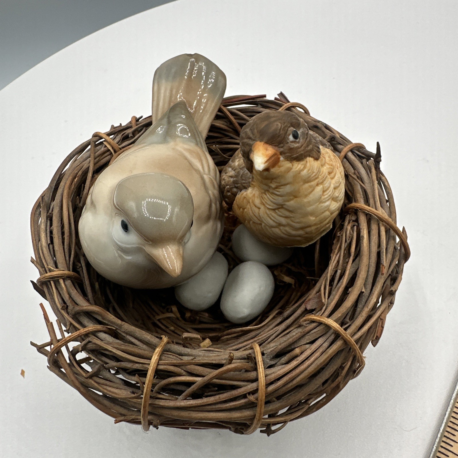 Vintage Porcelain Bird Nest Figurine Set 2 Birds 3 Eggs Woven Twig Nest Decor