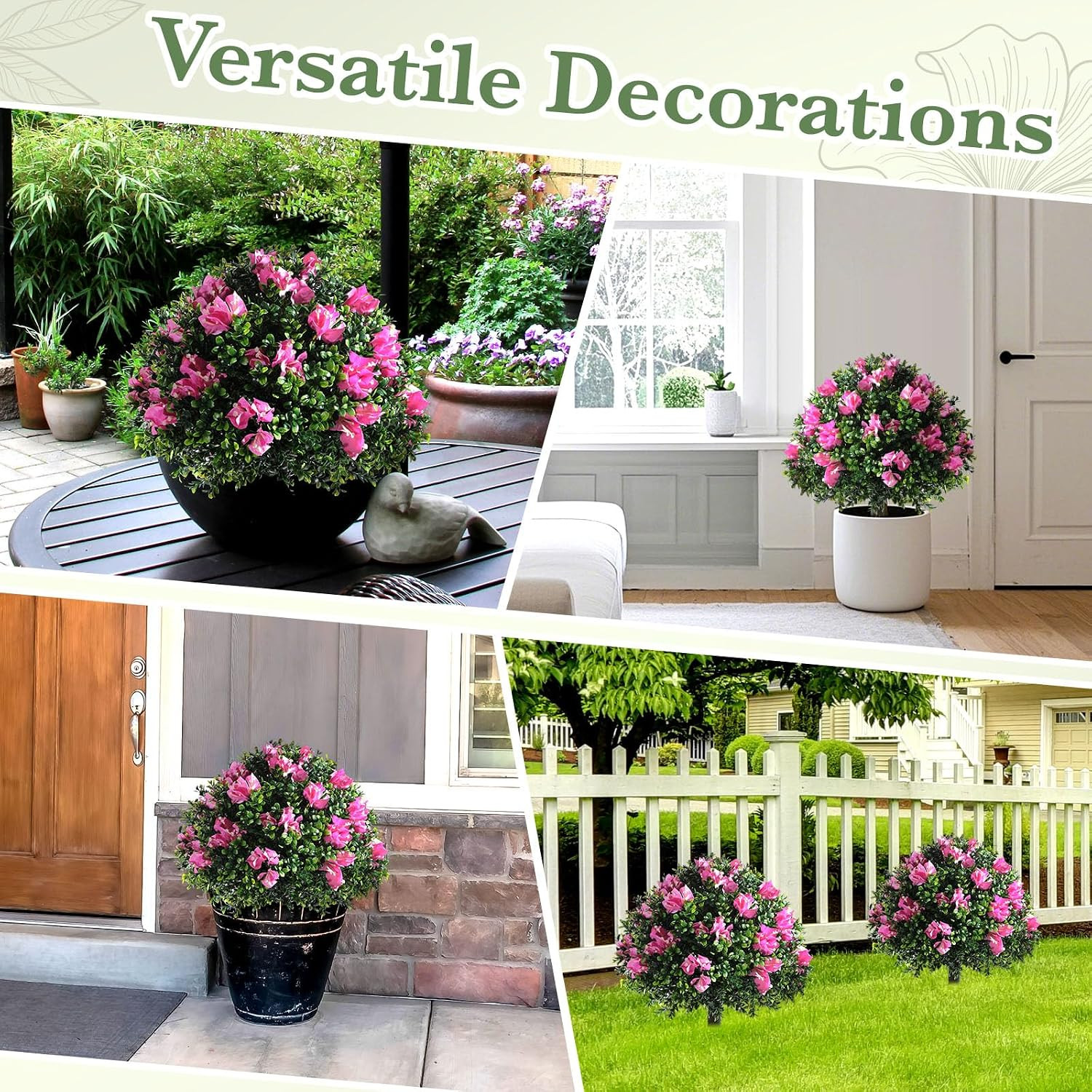 6 Pack 18″ Artificial Boxwood Topiary Balls with Bougainvillea Flowers with Spik