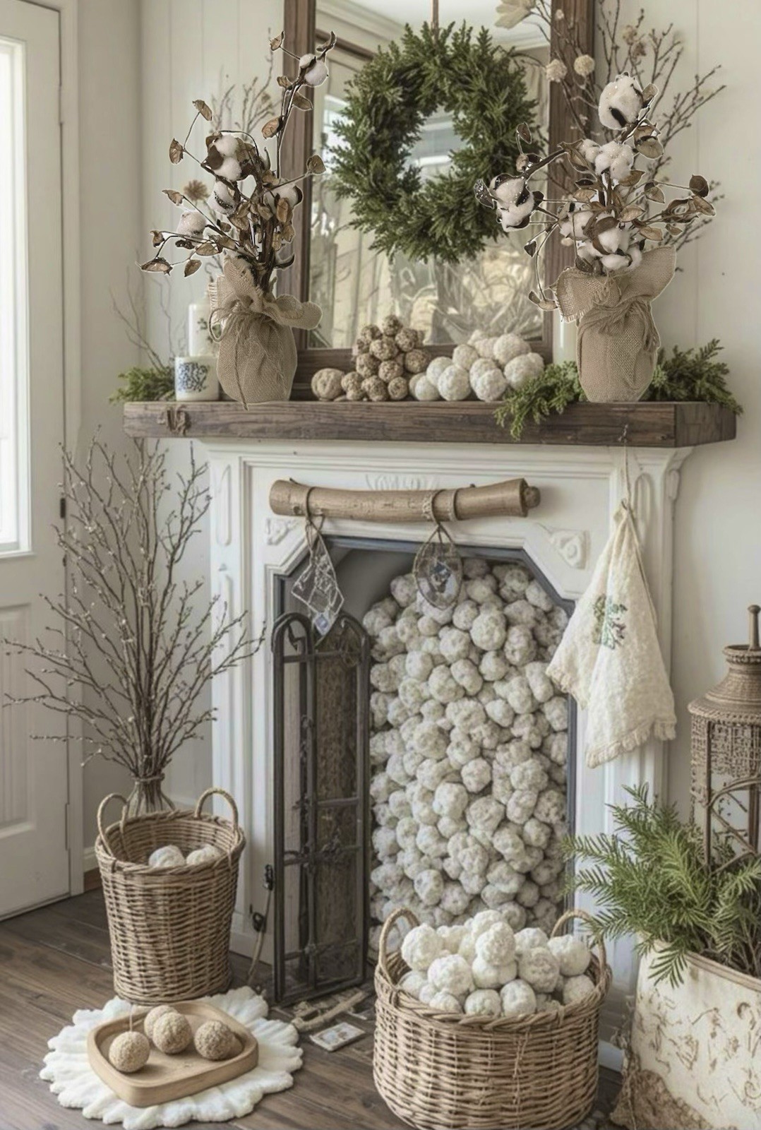Natural Floral White Cotton Boll Ball Arrangements Southern Farmhouse Home Decor