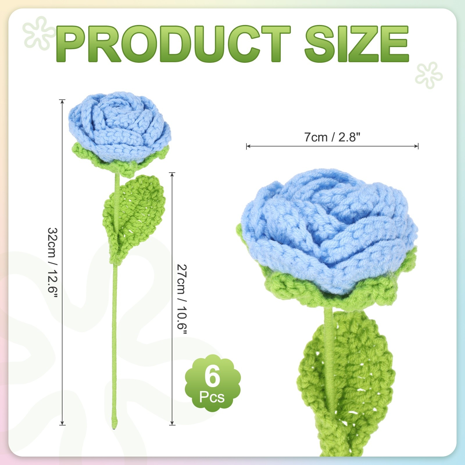 6Pcs Crochet Flower, Rose Handmade Knitted Bouquet, Light Blue