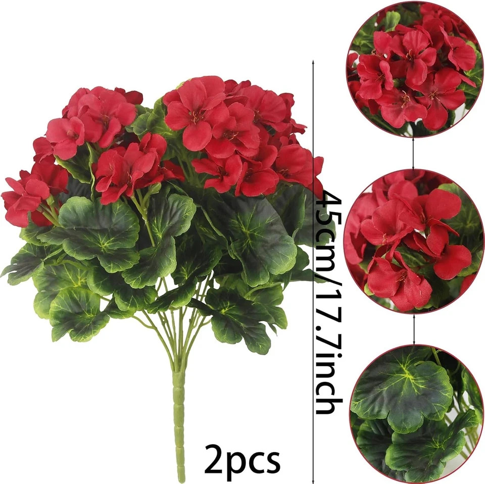 2 Pcs Artificial Geraniums for Outdoor Silk Geranium Flowers Red Artificial Gera