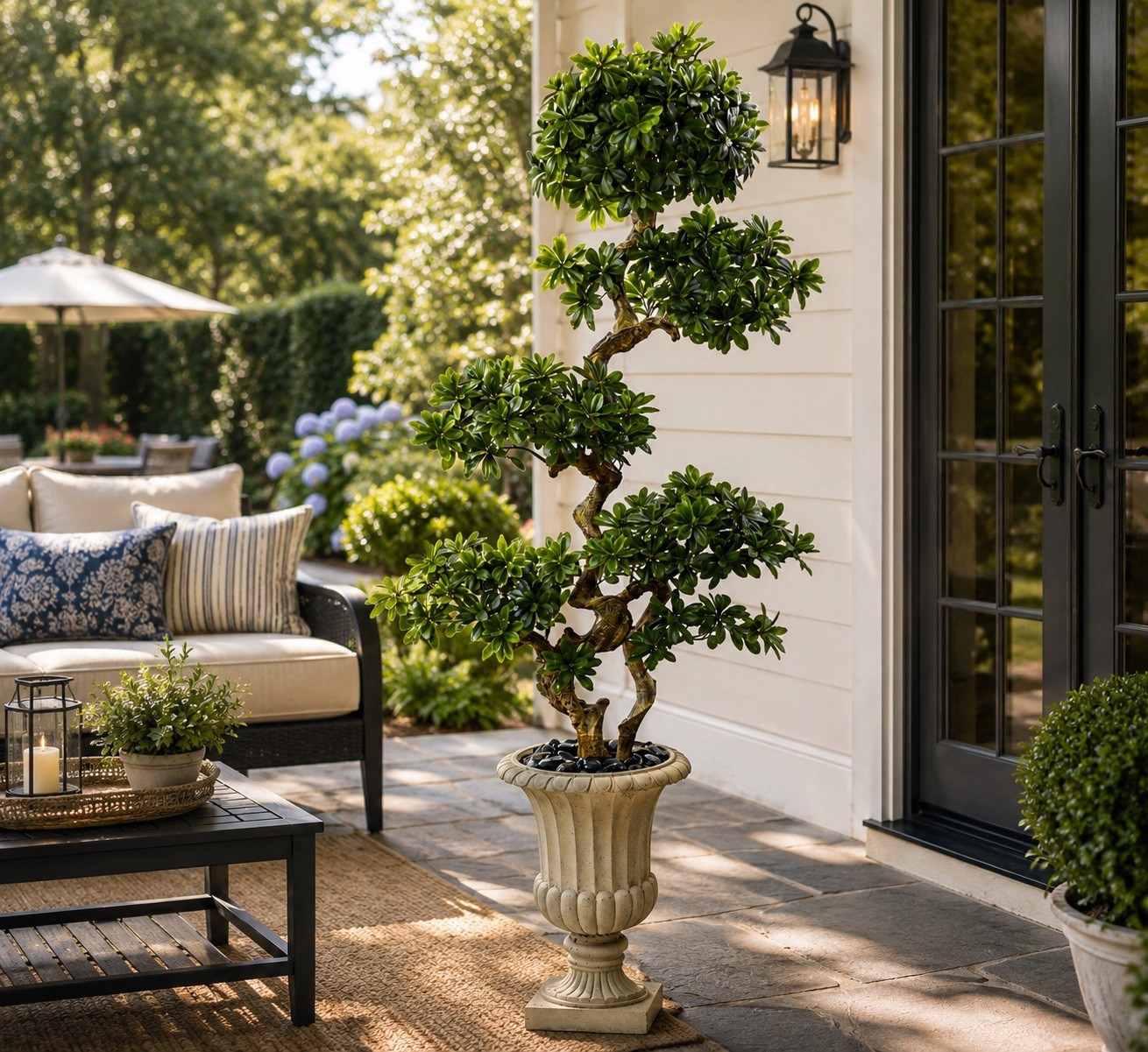 6′ Artificial Pittosporum Tree in Decor Urn UV (Indoor/Outdoor). Retail $499