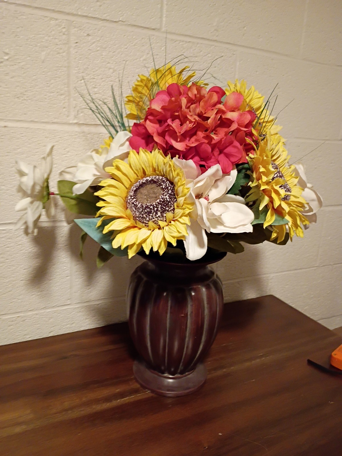 Bouquet of Large Silk Flowers In Bronze Vase