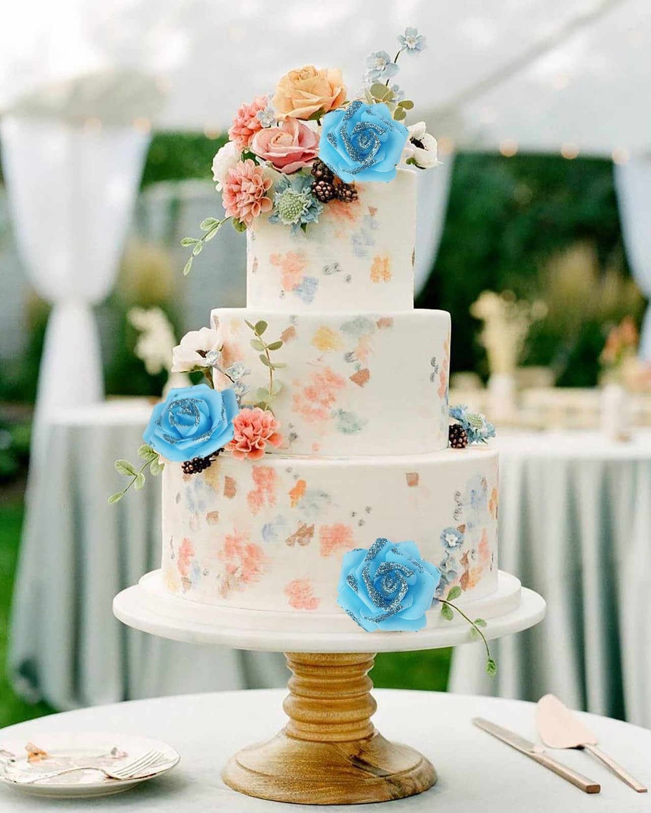 Light Blue Glitter Roses Foam Flowers Fake Rose Cake Centerpiece 100 PCS