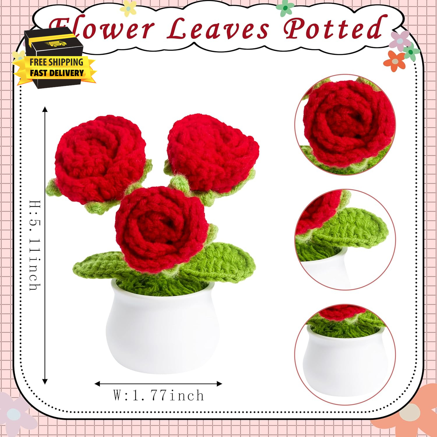 Crochet Flowers Red Roses Mini Potted, Handmade Red Rose Anniversary Appreciatio