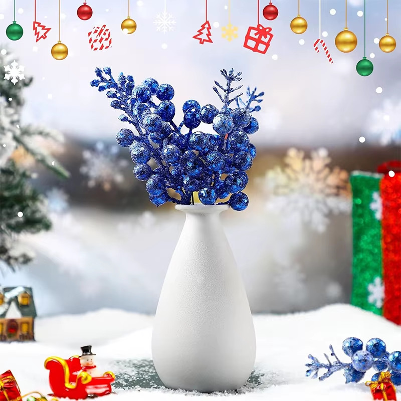 19Cm Christmas Blue Glitter Berry Stems Artificial Foam Berry Snow Covered Berry