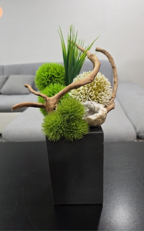 Zen Faux Floral Arrangement, Handmade Ikebana in Concrete Vase
