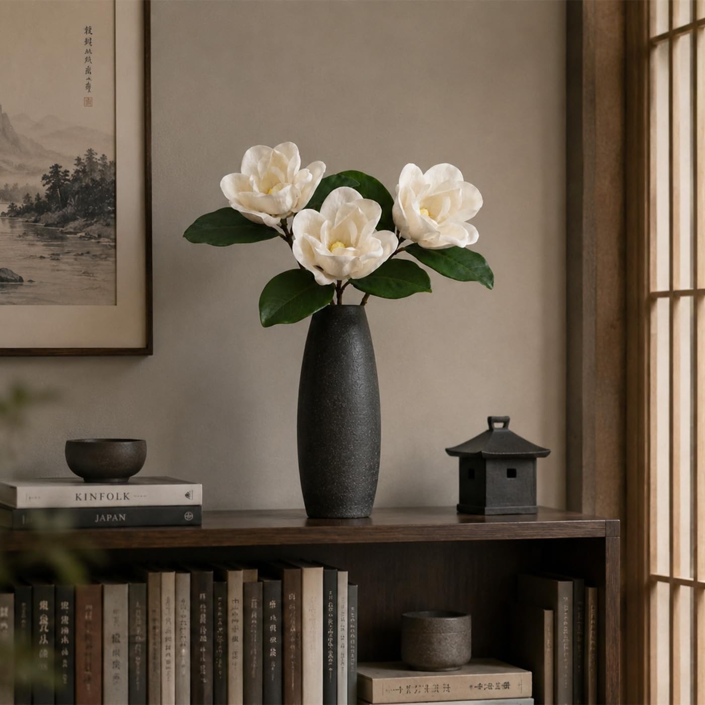 3 Stems Faux Magnolia Flowers, Magnolia Fake Flowers, Real Touch Creamy White…
