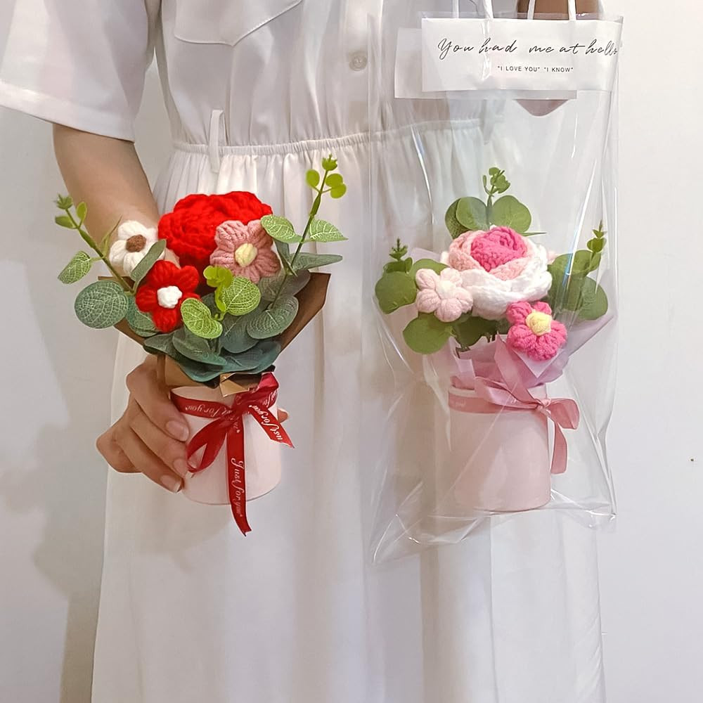 Crochet Medium Rose Flower Bouquet: Handmade Knitted Bouquet for Mother’S Day Bi