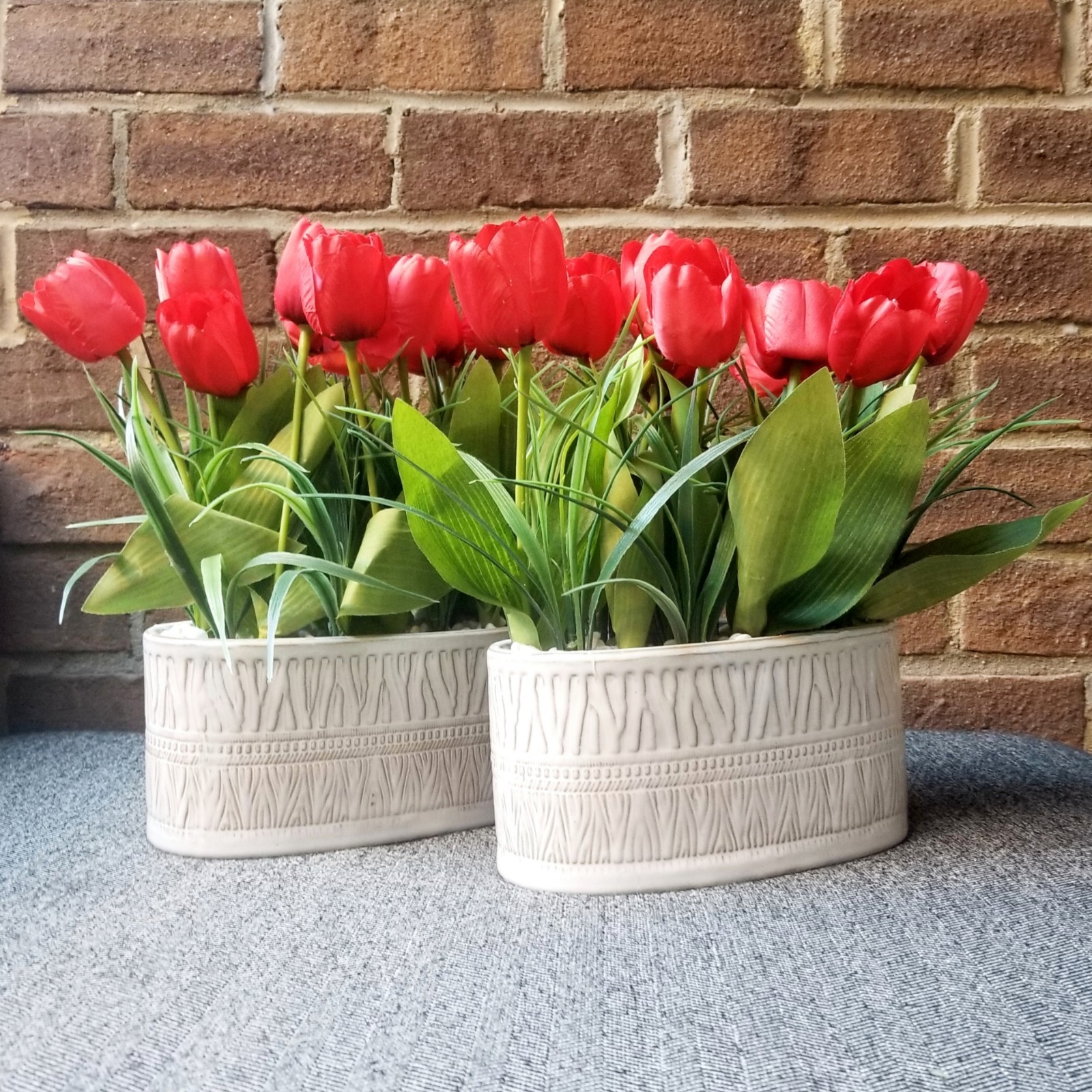 Red Tulips Flowers Planters Artificial Potted Houseplants White Pots Fake Set x2