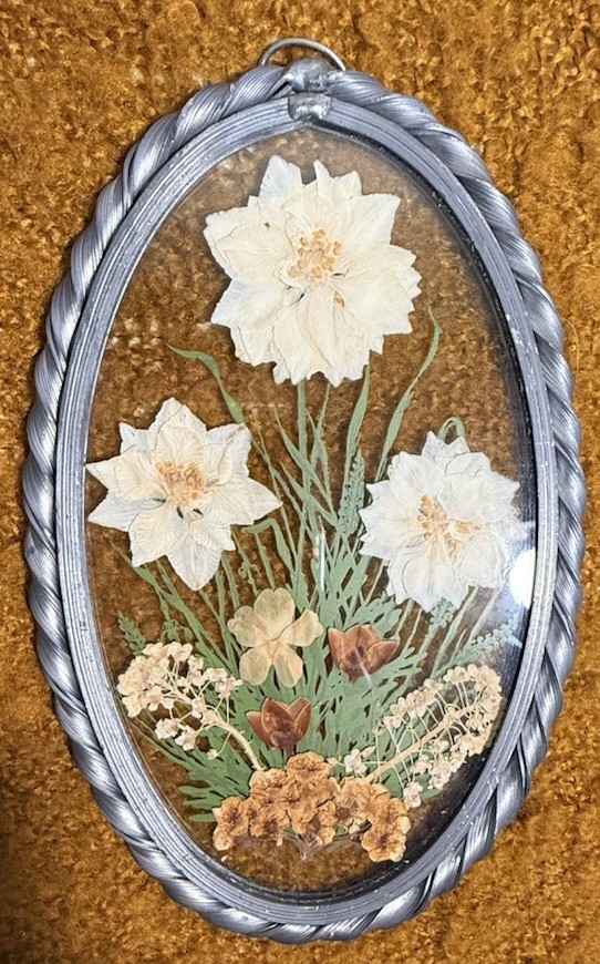 Pressed Flower Art Oval Glass Wall Decor 7in Dried Floral Arrangement