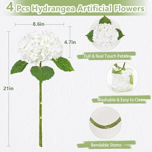 Real Touch Hydrangea Artificial Flowers, 21″ Full Faux Hydrangea 4 Pcs White
