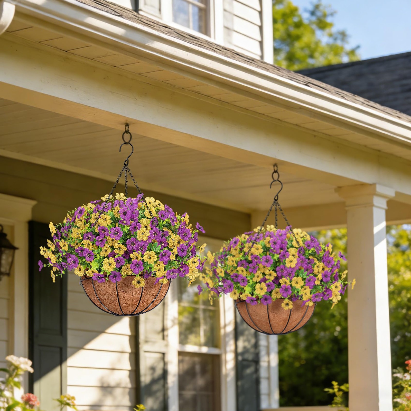 Artificial Fake Hanging Flowers Plants Basket Outdoors, Faux Silk UV Resistan…