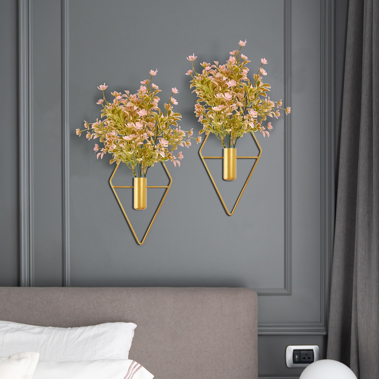 Plant Wall Decor with Pink Artificial Flowers in Diamond Hanging Vase Set of …