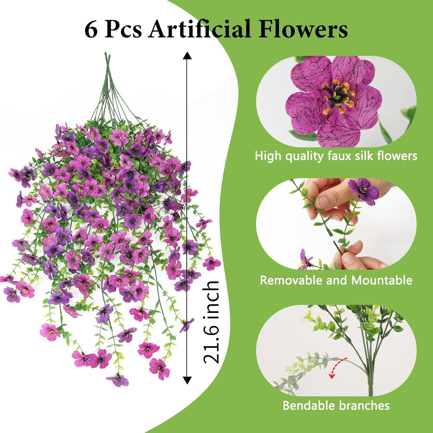 Artificial Fake Hanging Flowers Plants for Outdoor Spring Decoration,6 PCS Faux
