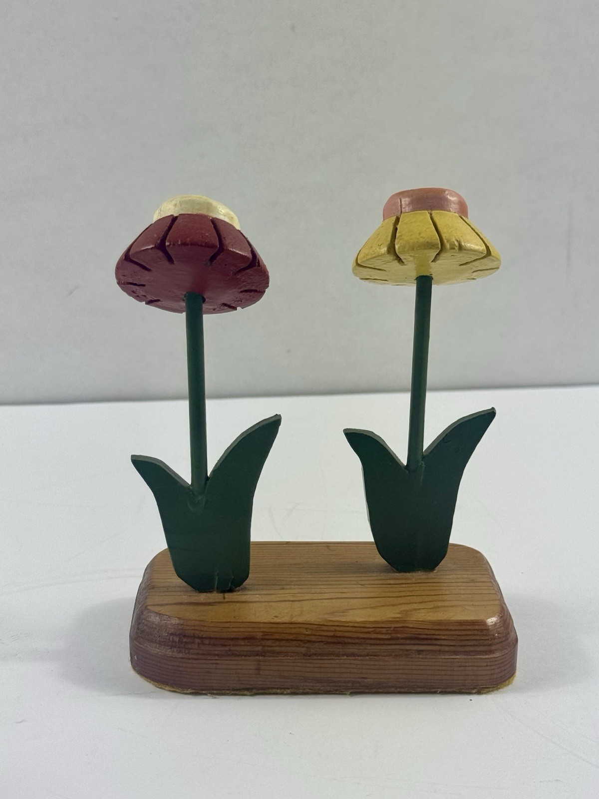 Vintage Wooden Flower Figurines Set x 2 Hand Painted Folk Art Floral Shelf Decor