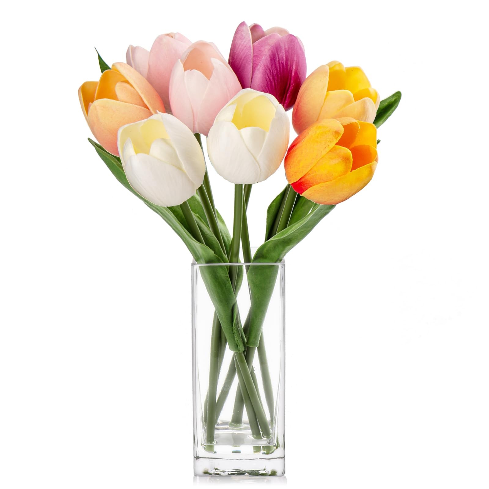 Artificial Tulip Fake Flower In Clear Vase Multi Color Real Touch Arrangement