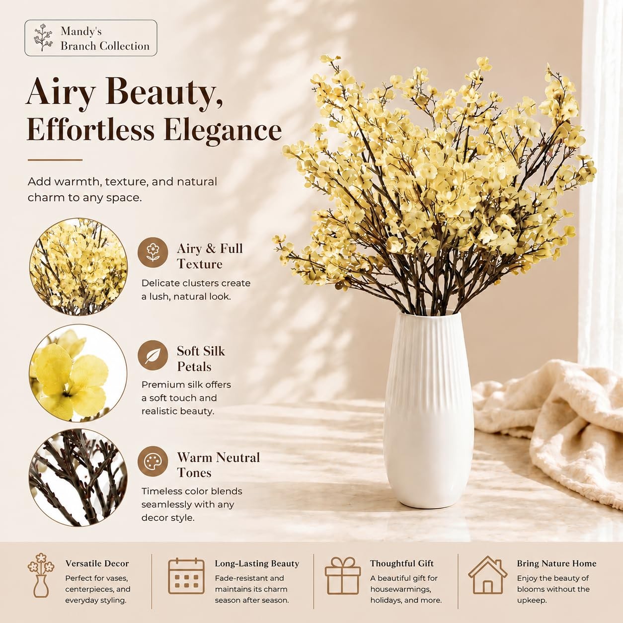 6 Bundles Light Yellow Artificial Babys Breath Silk Gypsophila 18.5 In Decor