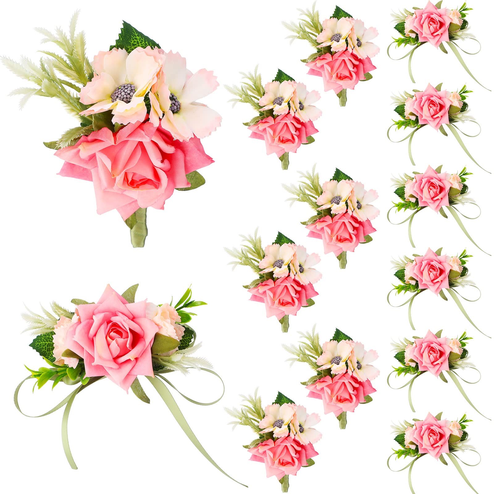 12 PCS Boutonniere Corsage Set Wedding Party Flower Wrist Pink Men Women Prom