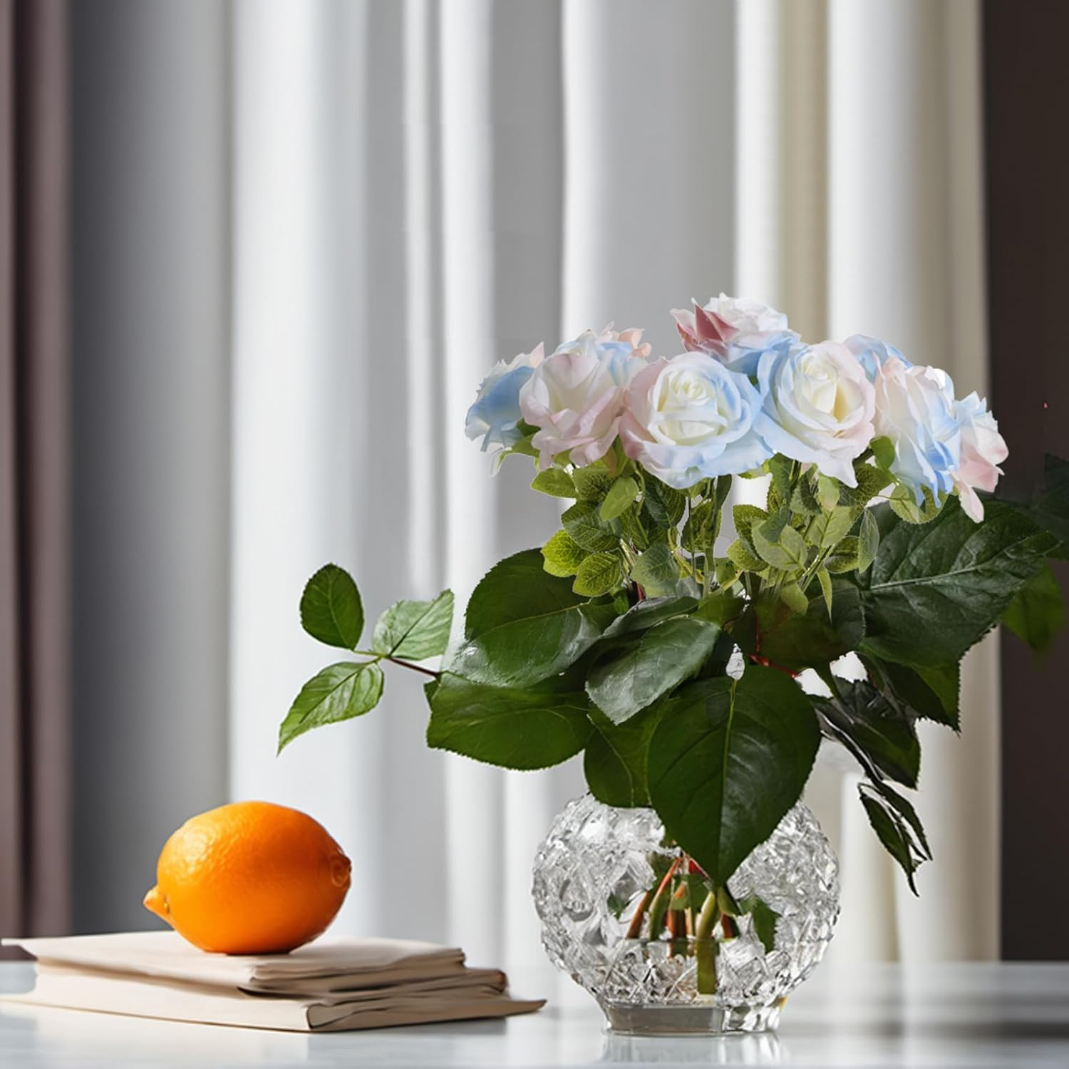 Pink Blue Mix Artificial Roses Fake Flowers Not Bend the Peduncle with Stems for