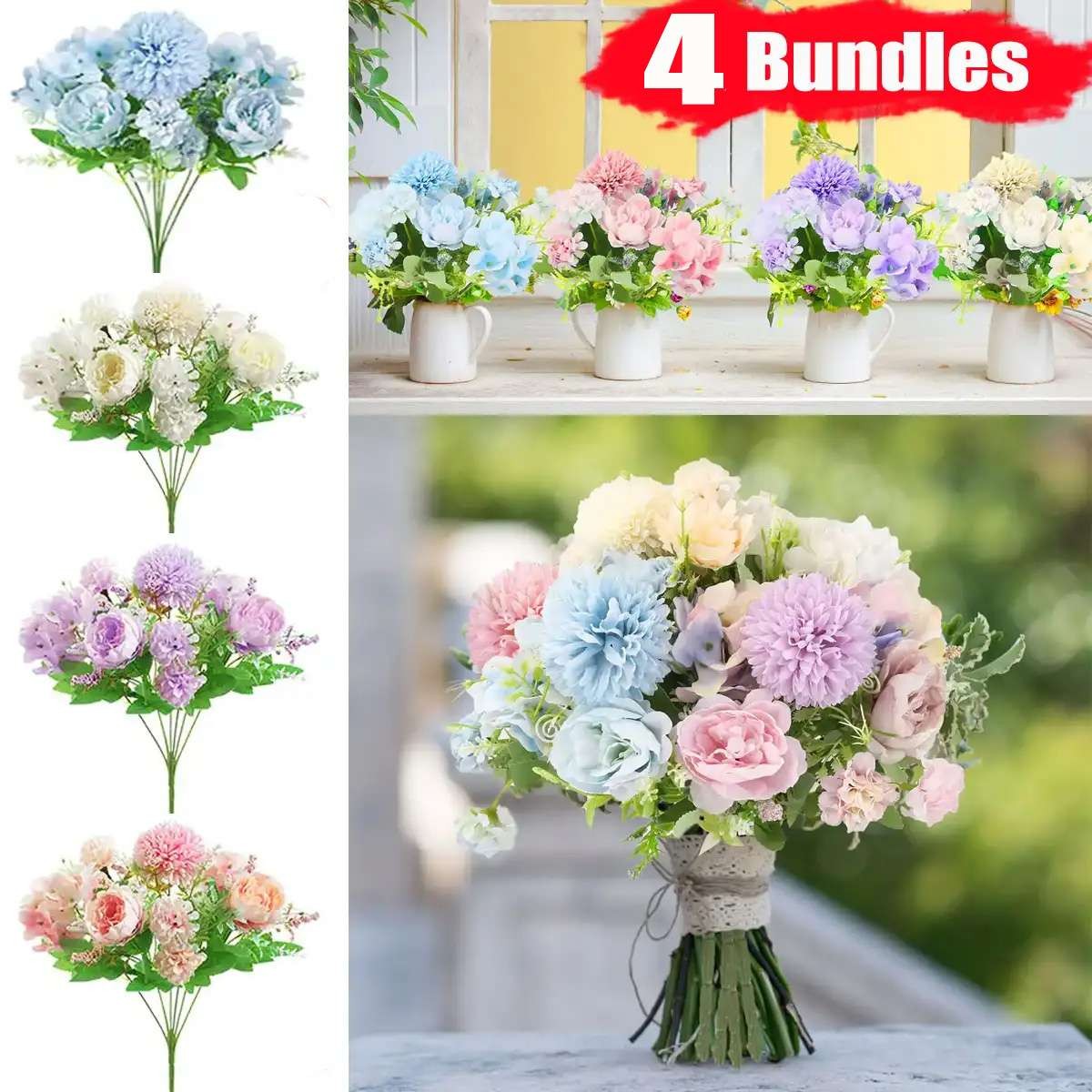 4 Bundles Artificial Large Bouquet Flowers In/Outdoor Fake UV Resistant Plants