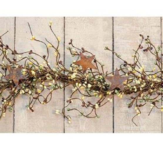 NEW Pip Berry Garland w/ Rusty 2″ Stars COFFEE BEAN MIX 40″ Brown Beige Green