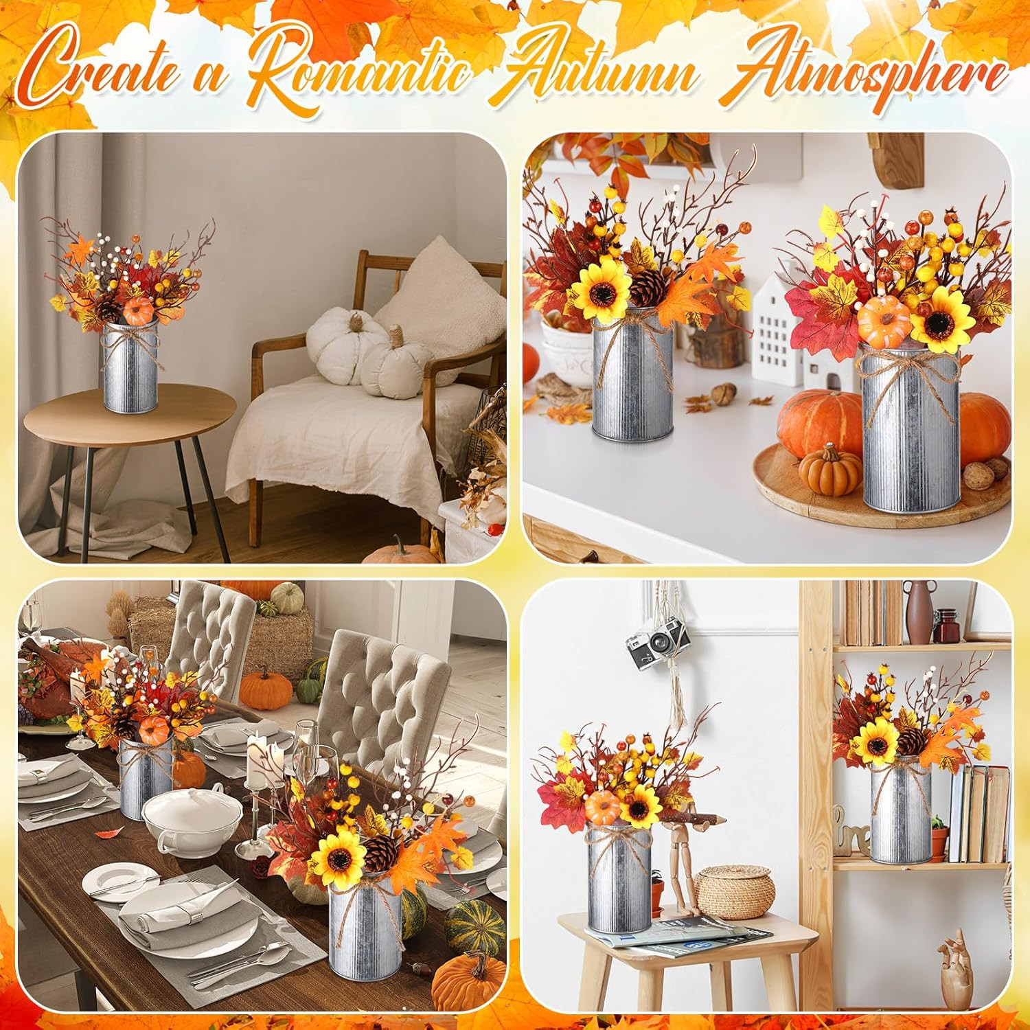 Autumn Harvest Centerpiece Set with Pumpkins & Flowers for Rustic Home Decor
