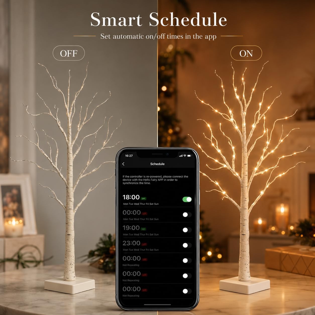 2 PCS 2FT Birch Tree With Lights LED Table App Control Warm White Fairy USB