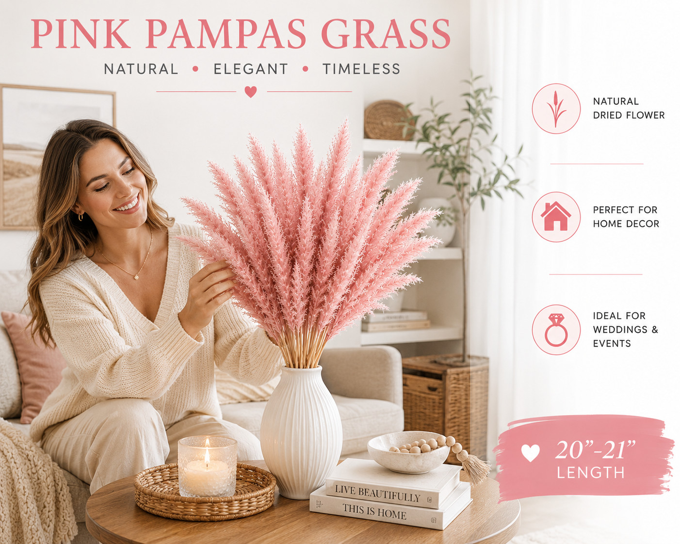 15 Stems Pink Pampas Grass 21″ Dried Floral Bouquet Boho Wedding Home Decor