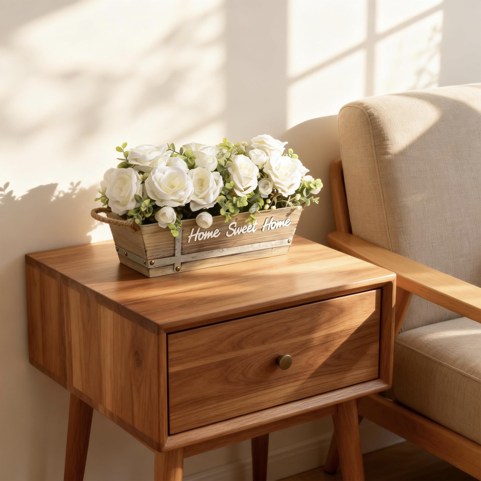Artificial Rose Flower Arrangement with Eucalyptus in Wooden Planter, Faux Fl…