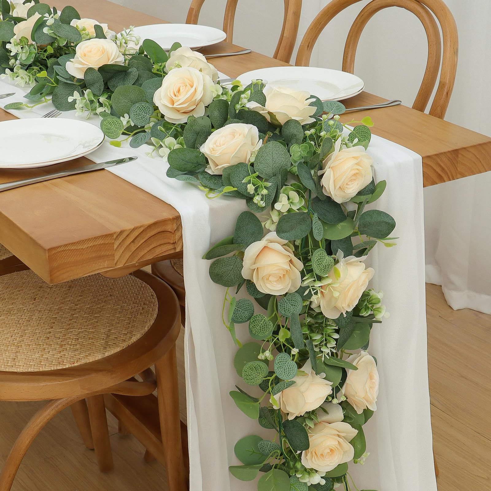 4Pcs(26 Ft) Artificial Eucalyptus Flower Garland with Champagne Rose Flowers,…