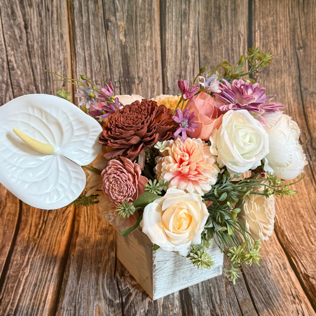 Sola Wood Silk Floral Centerpiece Rustic Wooden Box Arrangement Home Decor Gift