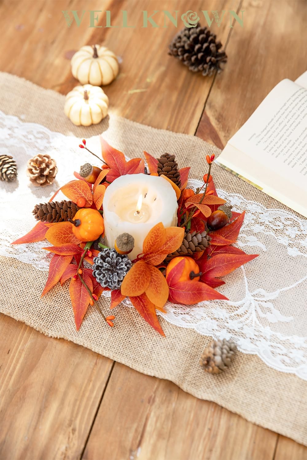 2 Pcs Mini Fall Orange Pumpkin & Maple Candle Rings Wreath for Pillars Home T…